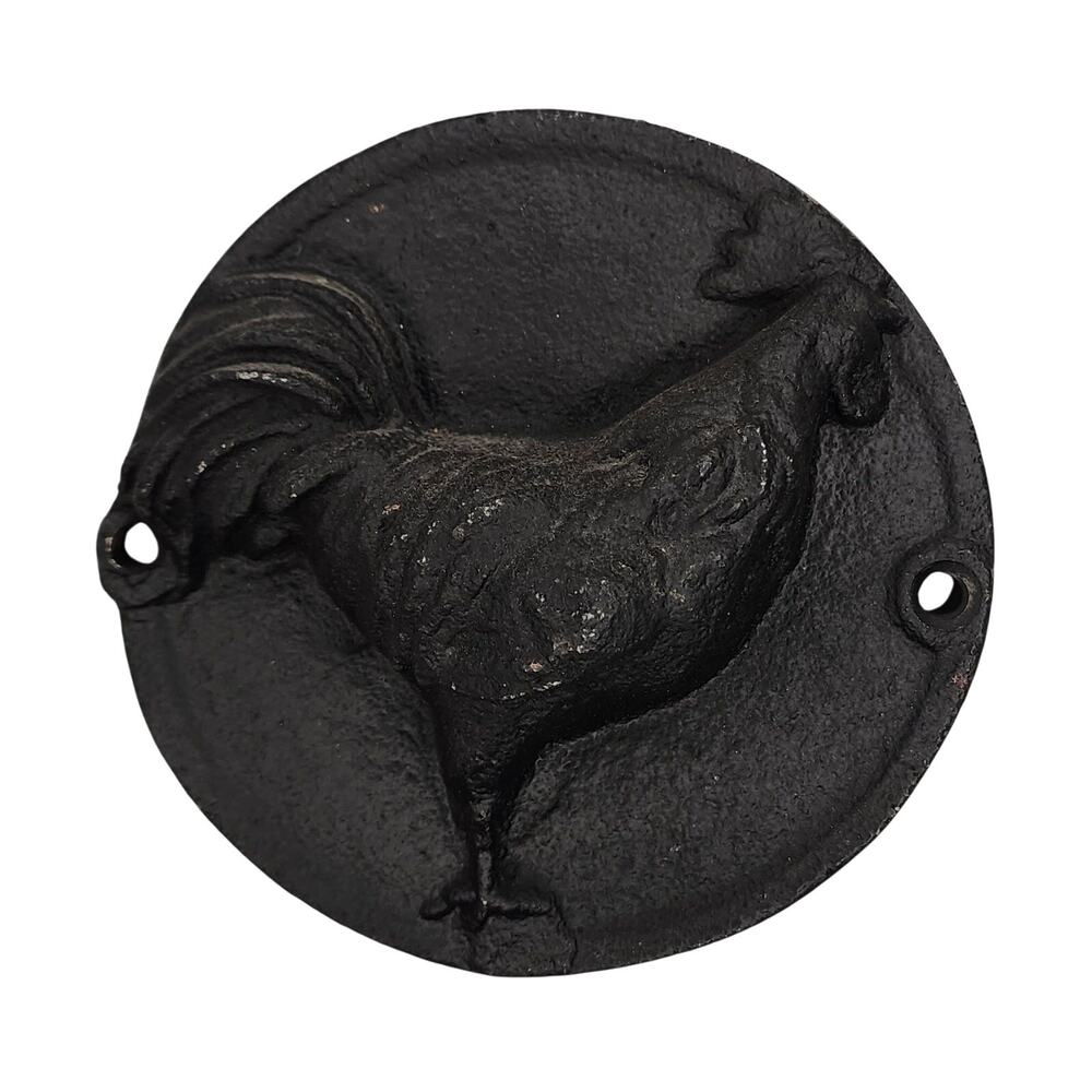 Antique Black Cast Iron Rooster Medallion – Farmhouse Wall Decor Vintage